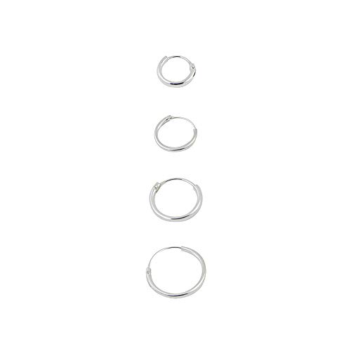 4 pendientes aros lisos individuales plata de ley 1 aro 8mm, 1 aro 10mm, 1 aro 12mm y 1 aro 14mm diámetro exterior grosor 1,2mm