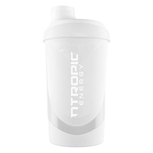 NTROPIC ENERGY - Botella mezcladora de proteínas, tapa de rosca - 600 ml (blanco transparente) | para bebidas energéticas en polvo, bebidas preentrenamiento o batidos de proteínas | A prueba de fugas,