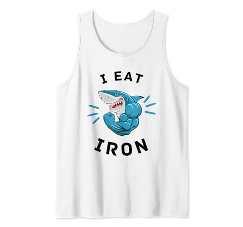 I Eat Iron Muscular Shark Gym Motivación Entrenamiento Culturista Camiseta sin Mangas