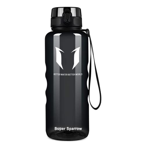 Super Sparrow Botella de Agua Deportiva - 1500ml - Sin BPA (Transparente- Negro)