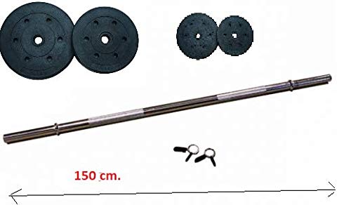 Grupo Contact Lote de Barra de 150 cm con 2 Discos de 5 Kg. y 2 de 2,50 kg. (Disco, topes y Barra de diámetro 28 mm)