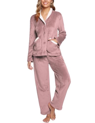 iClosam Pijama Invierno Mujer Franela Suave Pijamas para Mujer Polar Cálido Conjunto de Pijamas Mujer Largo de 2 Piezas con Botones para Casa Dormir S-XXL
