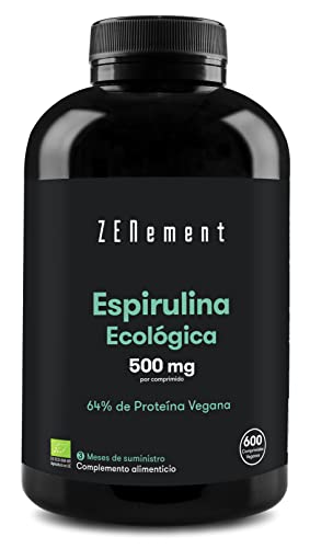 Espirulina Ecológica, 600 Comprimidos Veganos de 100% Bio Spirulina | Energía, Detox, Fuerza y Efecto de Saciedad, Proteina Vegana Ecológica | 100% Ingredientes Naturales | Zenement