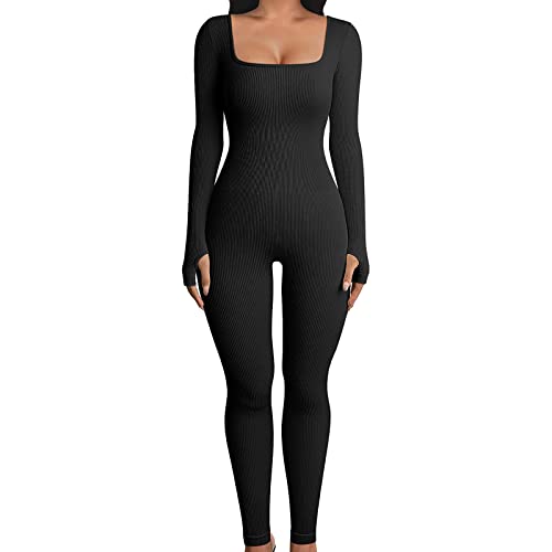 XIXIMAON Mono Yoga Mujer Ropa Deportiva de Mujer Traje de Una Pieza para Deporte Mono Ajustado Elástico de Punto Acanalado con Manga Larga y Cuello Cuadrado para Gimnasio Fitness (Negro, S)