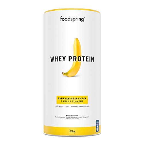 foodspring Whey Proteína Polvo Banana - 24g de proteína para construcción muscular, perfectamente soluble, leche de libre pastoreo, rica en BCAAs y EAAs - 750g