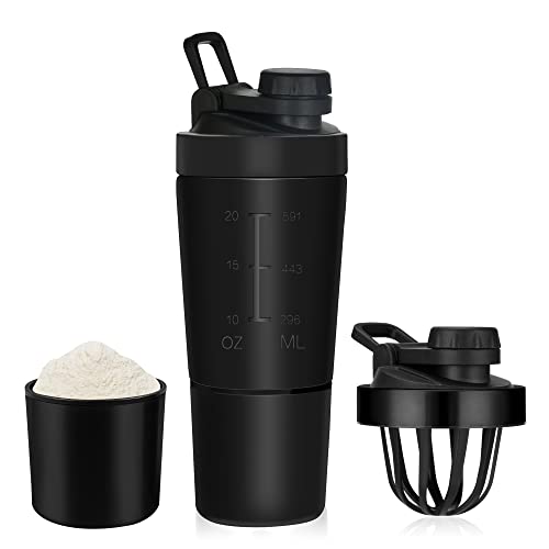 ROCKY&CHAO Coctelera de proteínas de acero inoxidable 700 + 200 ml, con compartimento en polvo para deportes de fitness, proteínas, botella de proteínas (negro)