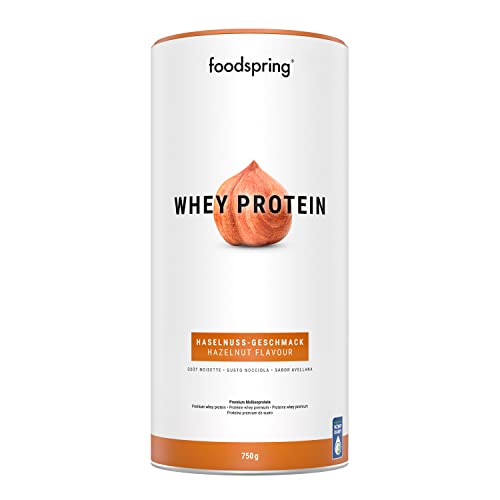 foodspring Whey Proteína Polvo Avellana - 24g de proteína para construcción muscular, perfectamente soluble, leche de libre pastoreo, rica en BCAAs y EAAs - 750g