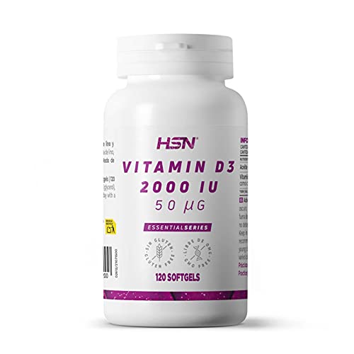 Vitamina D3 2000 UI de HSN | 120 Perlas | Suplemento de Vitamina D Colecalciferol | Funcionamiento normal del sistema inmunitario | Con Aceite de Lino para Mejorar la Absorción | No-GMO, Sin Gluten