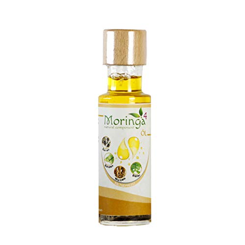 Aceite Moringa 100% puro y vegano de Moringa4 de los mejores componentes, árbol Moring, 100 ml en botella de cristal con accesorio antigoteo. Alta biodisponibilidad.