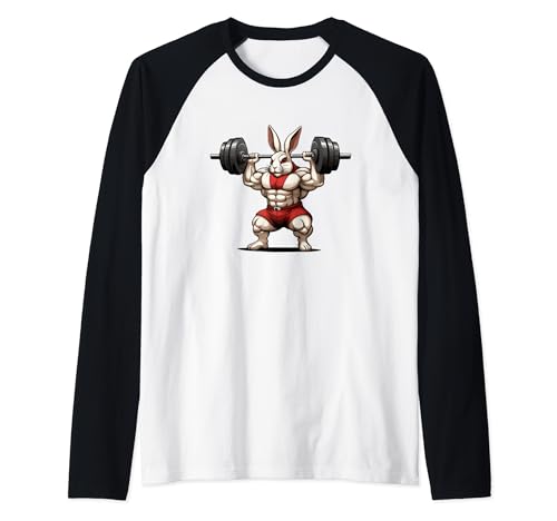 Culturista Conejo de Pascua haciendo levantamiento de pesas en el gimnasio Camiseta Manga Raglan