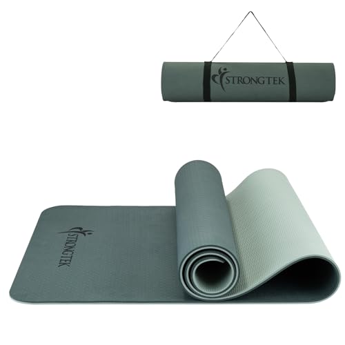 Strongtek Tapete de yoga extra grueso, 0.315 pulgadas, tapete de gimnasia antideslizante de doble cara, tapete de fitness con correa de transporte para pilates y ejercicios de suelo (verde negruzco)