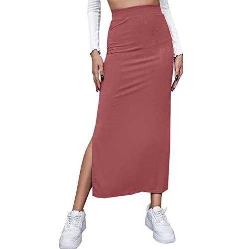 Falda con Abertura Lateral de Talle Alto para Mujer Falda Ajustada Elegante Falda Elástica Diseño Dividido Color Sólido Lavar a Máquina(S-Rojo)