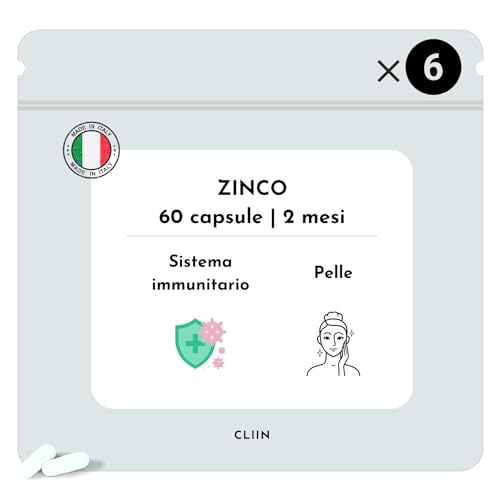 Zinc Suplemento 360 Cápsulas (Suministro de 1 año) | +Vitamina B6 Made in Italy Suplemento dietético | Fortalece su sistema inmunológico, mejora la energía, más enfoque para la mente | CLIIN®