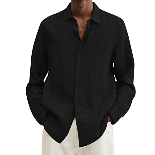 MMOOVV Camisa de manga larga hombre verano algodón lino sólido casual más tamaño camisa suelta hombre cuello vuelto camisa hombre, Negro , XL
