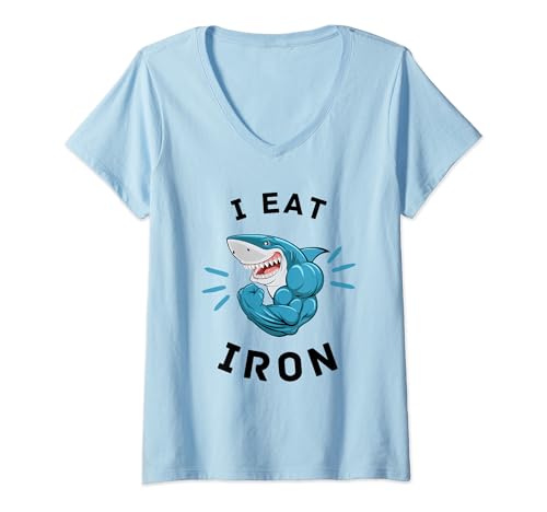 Mujer I Eat Iron Muscular Shark Gym Motivación Entrenamiento Culturista Camiseta Cuello V