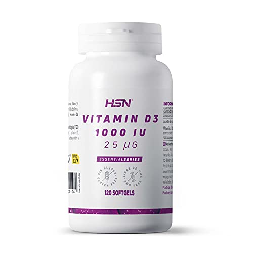 Vitamina D3 1000 UI de HSN | 120 Perlas | Suplemento de Vitamina D Colecalciferol | Funcionamiento normal del sistema inmunitario | Con Aceite de Lino para Mejorar la Absorción | No-GMO, Sin Gluten