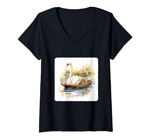 Cisne montando un bote de remos. concepto de cisne usando bote de paleta Camiseta Cuello V