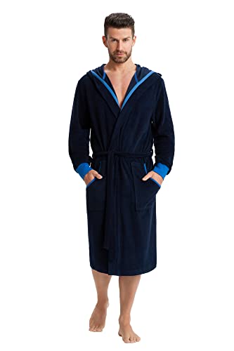 LEVERIE - Albornoz deportivo / de sauna, para hombre, con capucha y puños en las mangas azul oscuro/azul claro L
