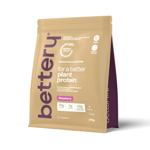 Bettery For a Better Plant Protein (240 g) - Proteína vegana en polvo para la regeneración y recuperación muscular con aminoácidos y BCAA - Proteína vegetal en polvo para controlar tu peso - Fresa