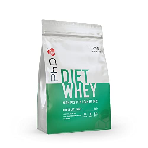 PhD Nutrition Diet Whey proteína en polvo, Proteína de suero de leche sabor chocolate mint, 17 gr de proteína por porción, 40 porciones, Bolsa de 1 Kg