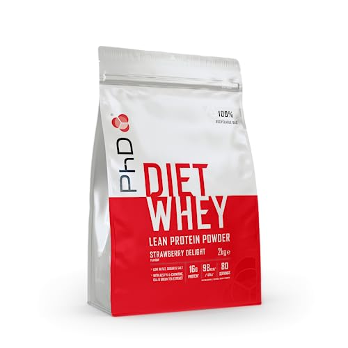 PhD Nutrition Diet Whey proteína en polvo, Proteína de suero de leche sabor a Fresa, 17 gr de proteína por porción, 80 porciones, Bolsa de 2 Kg