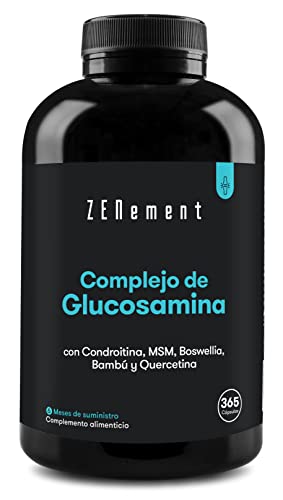 Glucosamina con Condroitina, MSM, Boswellia, Bambú y Quercetina, 365 Cápsulas | Para Articulaciones, Cartílago y Huesos | Alta dosificación | Sin aditivos | Zenement