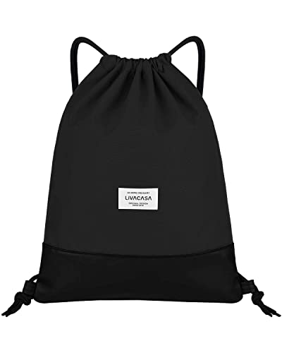 LIVACASA Mochilas de Cuerdas Unisex Casual Mochilas Cordón Impermeable Gimnasio Deporte Ligero Gym Bag (Negro puro, 43×33cm)