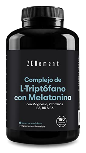 L-Triptófano con Melatonina, Magnesio y Vitaminas B3, B5 y B6, 180 Cápsulas Veganas (Suministro para 6 meses) | Induce al Sueño, Para Dormir Bien | Altas dosis | Zenement
