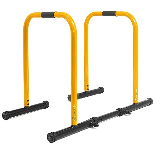 ProsourceFit Dip Stand Station, Heavy Duty Ultimate Body Press Bar with Safety Connector for Tricep Dips, Pull-Ups, Push-Ups, L-Sits, Yellow