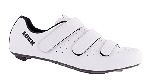 LUCK MAX Zapatillas de Ciclismo de Carretera para Hombre y Mujer. Triple Tira de Velcro para un Ajuste Optimo. (Blanco, Numeric_45)