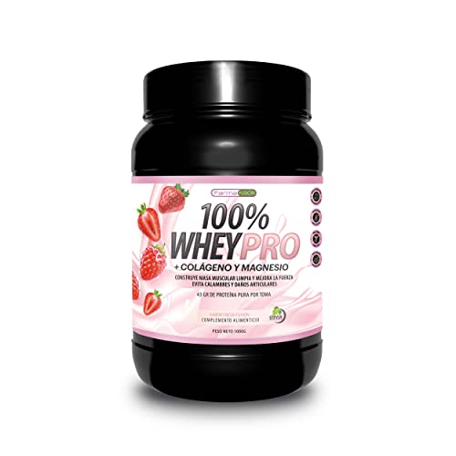 100% Whey Protein con Colágeno y Magnesio | 43 gramos de Proteína Pura por toma 0% Azúcares | Aumenta el crecimiento muscular y tonifica los músculos | 1000g (Fresa)
