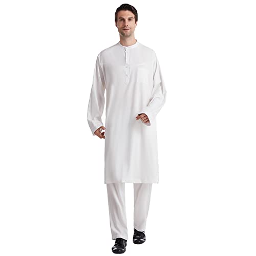 BOTCAM Saco de ropa para hombre, pantalones musulmanes informales, con botones medianos, juego de dos piezas, traje camisa para hombre, boda, Blanco, L