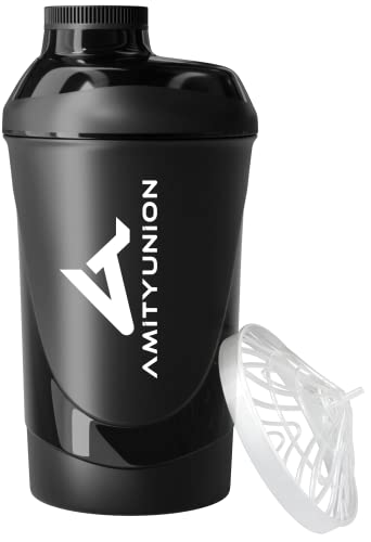 AMITYUNION Shaker Deluxe - Proteína Shaker a prueba de fugas - BPA libre y con la escala tamiz de polvo de proteína de suero cremoso sacude (negro 800ml)