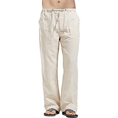 Pantalones de lino de colores sólidos para hombre, pantalones de yoga casuales de ajuste relajado, pantalones de pierna recta, caqui, 34-37