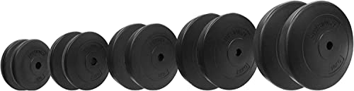 Physionics® Discos de peso – Juegos disponibles (2/2,5/5/7,5/10 kg), 27 mm de diámetro, plástico, color negro – Pesas de discos (2 x 2 kg)