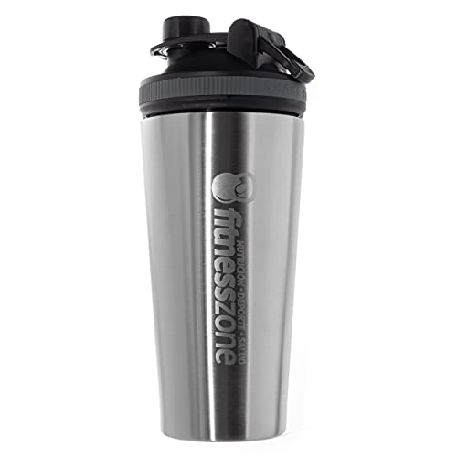 FitnessZone - Shaker 750 ml - Libre BPA - Shaker Acero Inoxidable 2.0 - Vaso para Batidos de Proteínas - Tapón Hermético Anti-Apertura y Filtro Anti-Grumos - Coctelera y Mezclador de Proteínas