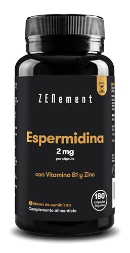 Espermidina, 2 mg por cápsula con Vitamina B1 y Zinc | 180 Cápsulas Veganas | Antiedad, Envejecimiento Saludable | Sin Aditivos, No-GMO | Zenement