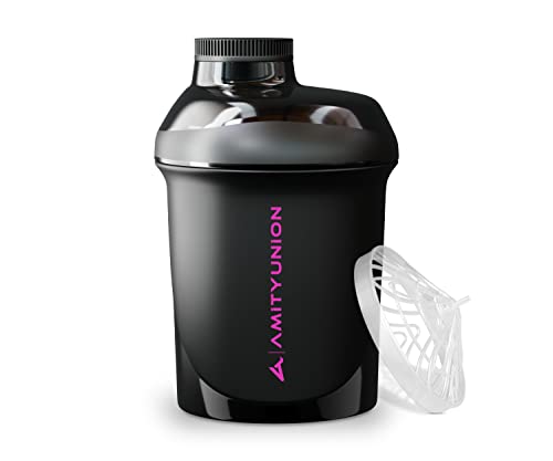 AMITYUNION Agitador de proteínas pequeño 400 ml Black Purple Deluxe ORIGINAL - Agitador de proteínas a prueba de fugas para bebidas proteicas, batidos de proteínas y dietéticos - Fabricado en Europa