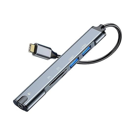 QIANRENON Adaptador de estación de acoplamiento multifuncional USB C 5 en 1 tipo C macho a doble USB 2.0 TRRS de 3.5 mm de audio TF/SD lector de tarjetas multipuerto, extensor de concentrador, para
