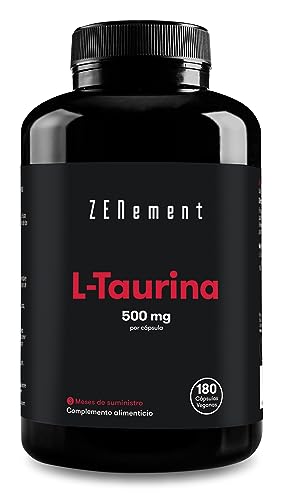 L-Taurina 500 mg - 180 Cápsulas Veganas (3 Meses de Suministro) - 1000 mg por dosis - Suplemento Deportivo, Antioxidante - Taurina Pura - No-GMO, Sin Gluten, SIn Aditivos - Zenement