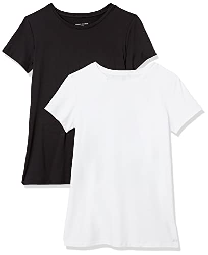 Amazon Essentials Camiseta técnica elástica de Manga Corta y Cuello Redondo (Disponible en Tallas Grandes) Mujer, Pack de 2, Blanco/Negro, M