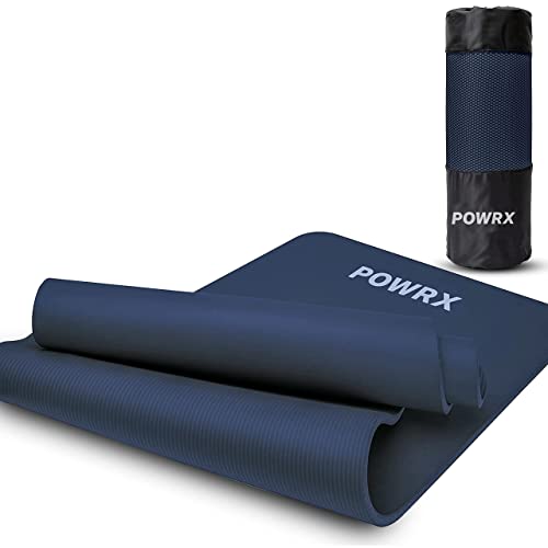 POWRX Colchoneta fitness antideslizante - Esterilla deporte ideal para yoga, pilates y gimnasia - Ecológica con cinta para transporte y funda + Poster (Beige, 183 x 60 x 1 cm)