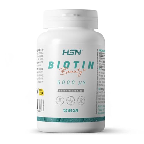 Biotina 5000 MCG de HSN | 120 Cápsulas Vegetales en Forma de D-Biotina | Vitamina para el Cabello, Uñas y Piel para el Crecimiento + Fortalecimiento + Evitar la Caída | No-GMO, Vegano, Sin Gluten
