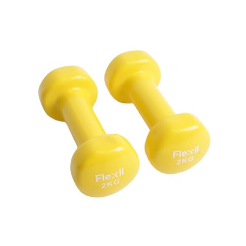 Flexil® Pesas de vinilo para mancuernas | Juego de pesas de mano | Equipo de gimnasio en casa | Agarre cómodo | 2 kg