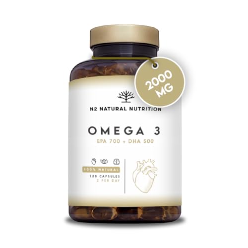 N2 Natural Nutrition Omega 3 + Vitamina E 2000mg, 700mg EPA, 500mg DHA. Aceite de Pescado.Regula el Colesterol, Favorece la Vista, Corazón y Cerebro Saludables. 120 Cápsulas