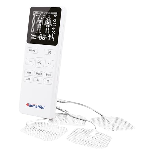 FarmaMed Estimulador Muscular Digital TENS EMS Sport Fitness, Pantalla LCD, Dos Canales de Salida y 4 Electrodos