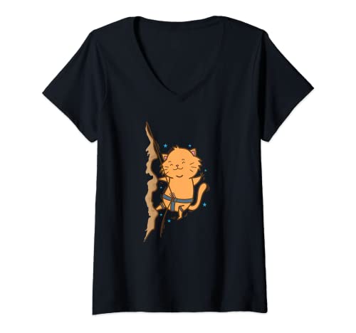 Mujer Gato escalada montañas deporte pasatiempo mascota Camiseta Cuello V