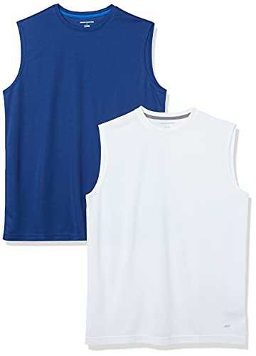 Amazon Essentials Camiseta Técnica sin Mangas, Musculación, Rendimiento Deportivo Hombre, Pack de 2, Azul Oscuro/Blanco, 5XL Grande