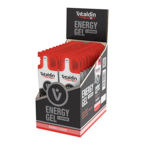 VITALDIN SPORT Energy Gel Caffeine – 24 Geles x 40 gr – Gel Energético sabor Frutos Rojos con 60 mg de Cafeína & Vitamina B6 – Energía rápida y sostenida en Running, Ciclismo & Deportes de Resistencia