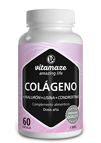 Colageno con Acido Hialuronico Capsulas + Condroitina y Lisina, 60 Cápsulas de Colágeno Hidrolizado, Suplementos sin Aditivos Innecesarios. Calidad Alemana. Vitamaze®